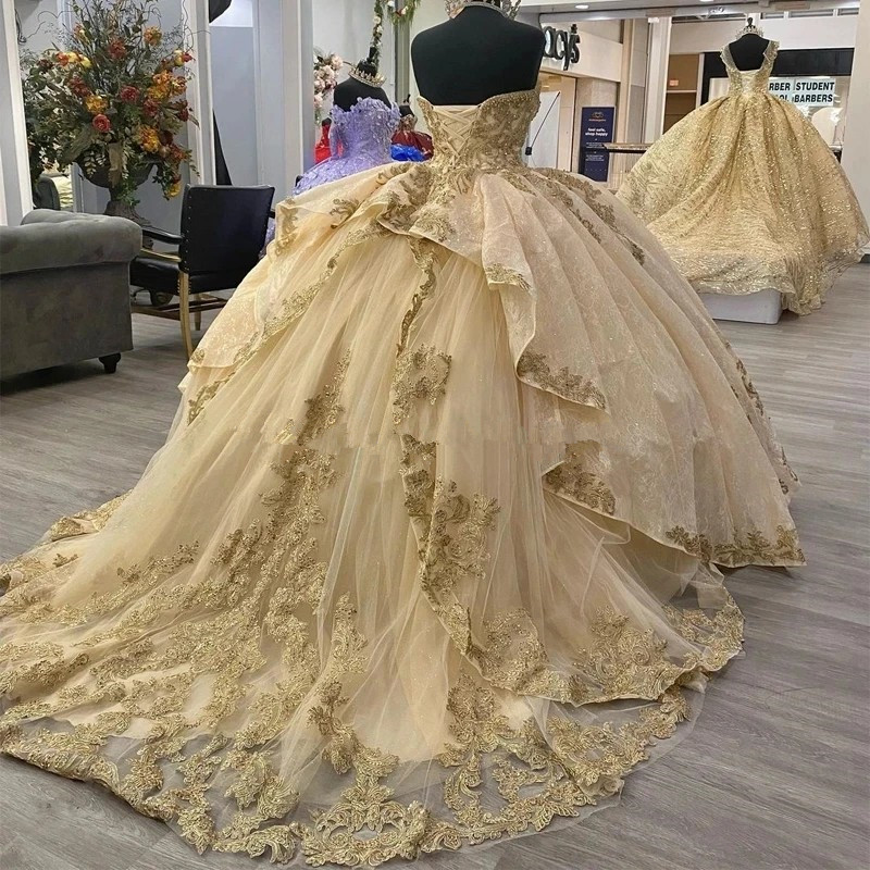 Champagne gold Quinceanera Dresses Sequined Lace Appliques Off Shoulder Lace-up Corset Princess prom vestidos de 15 anos