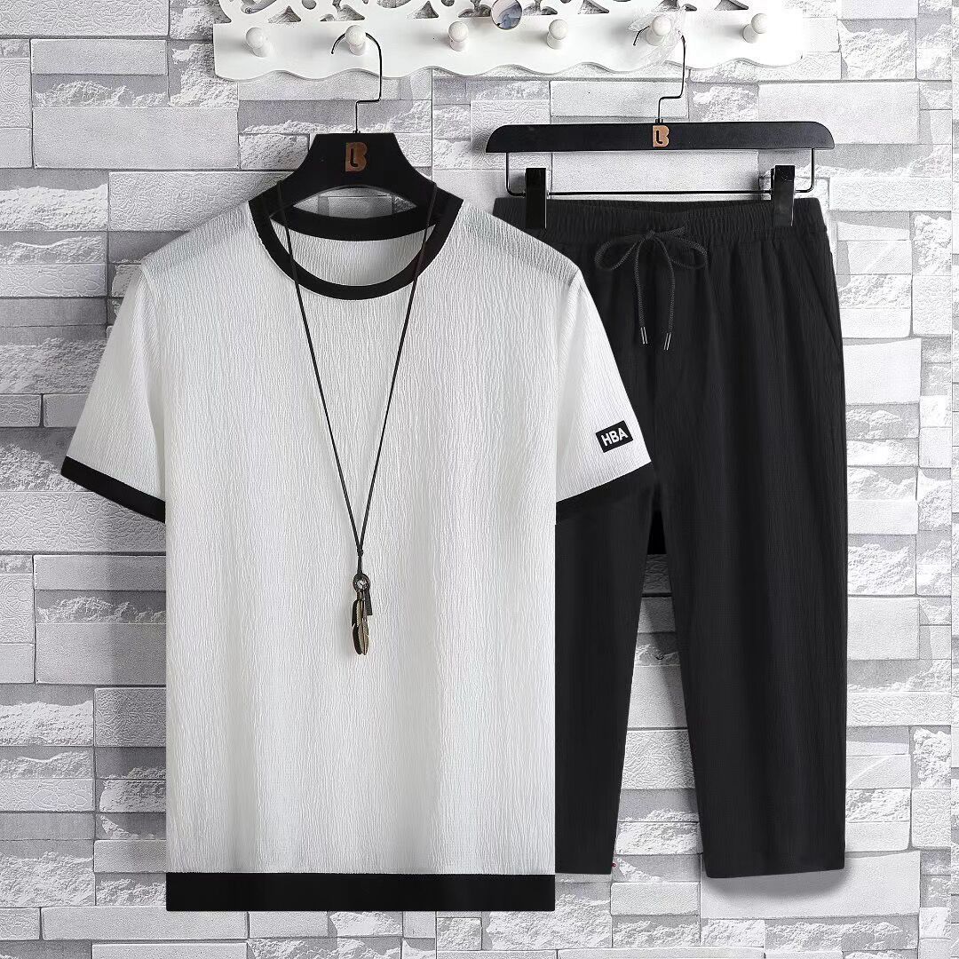 Men's Tracksuits Ice Silk Short Sleeve Men Summer Thin Korean Version of Fashion Handsome Leisure Sports Suit 230425