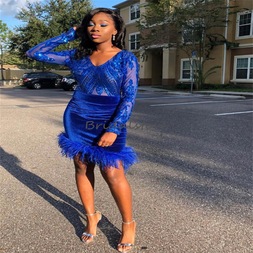 Royal Blue Sequin Short Prom Dress With Feather 2023 New in V Neck Sheah Cocktail Party Dresses Velvet Night Formal Graduation Robe De Soiree Black Gi