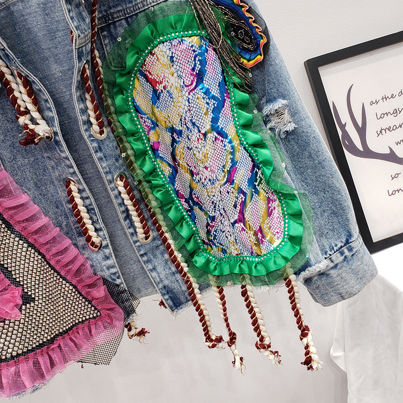 Women's Jackets Spring autumn street clothing patch work print worn diamond denim jacket women's mesh lace short sleeve casual jeans jacket 