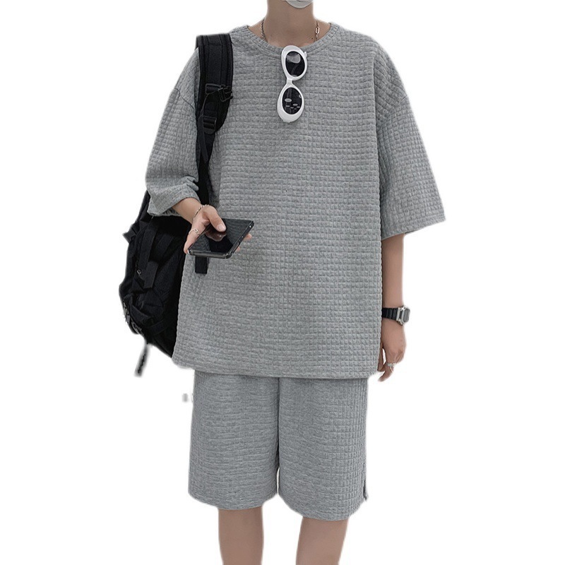 Men's Tracksuits Summer Waffle Cookie Track Set Men's 2-piece Solid Shorts Set Men's Fashion Apparel Harajuku Style Japanese Fashion Lo