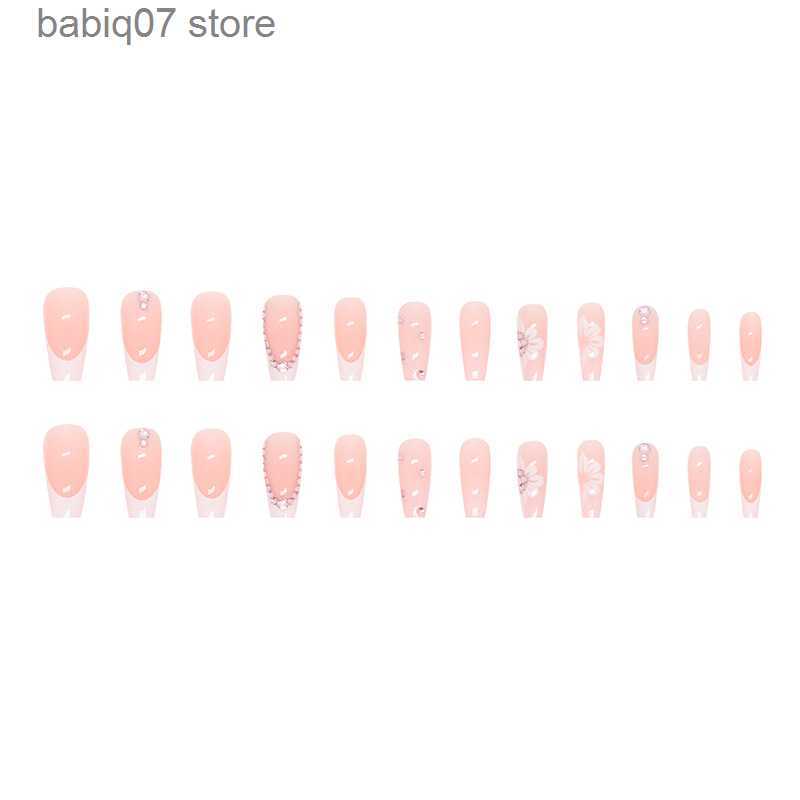False Nails Mid length explosive glitter pink diamond sweet flowers wearing armor simple French pure desire white girl fake nails Nails T230425