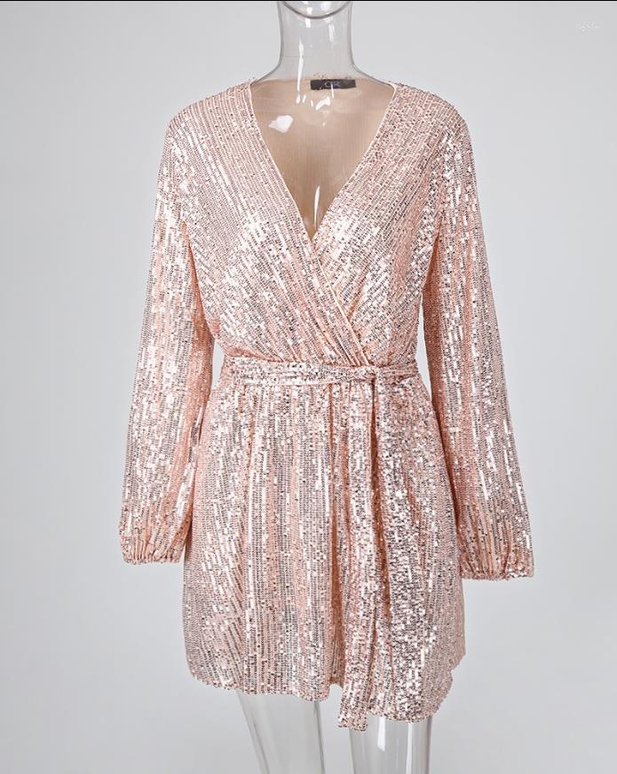 Casual Dresses Evening Dress Sequin V-Neck Long Sleeve Wrap Sexy Party Mini Elegant For Women