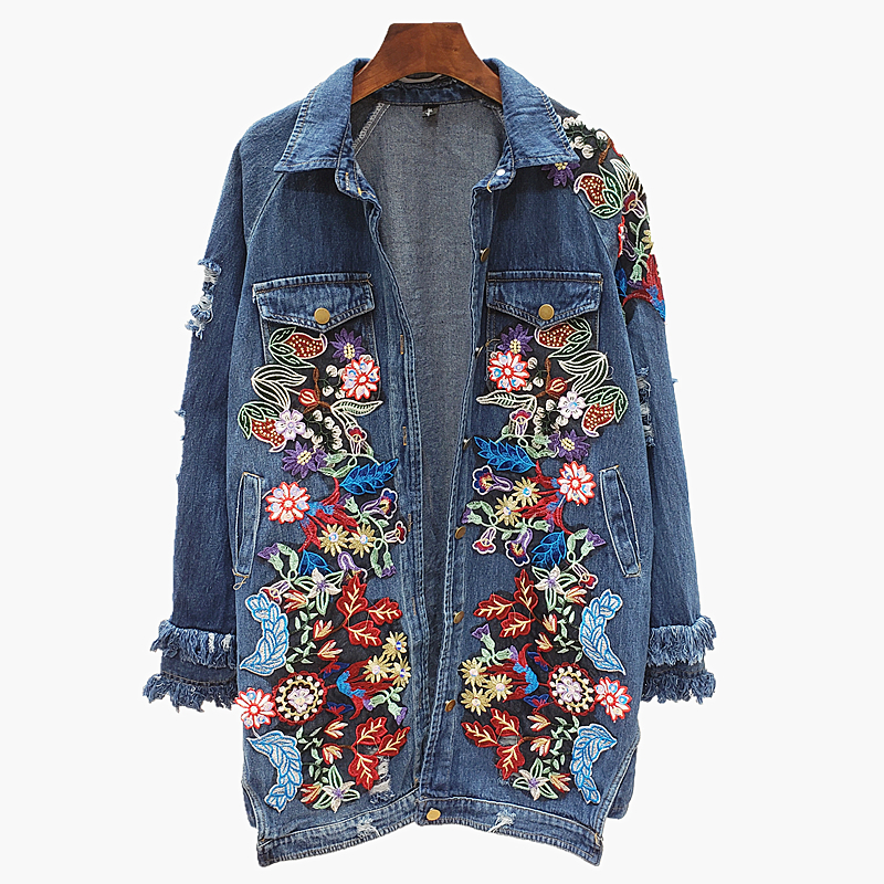 Women's Jackets Harajuku Heavy Duty Work Flower Embryo Hole denim Jacket Women's Street Clothing Autumn Medium Length Loose Casual Jeans Jac