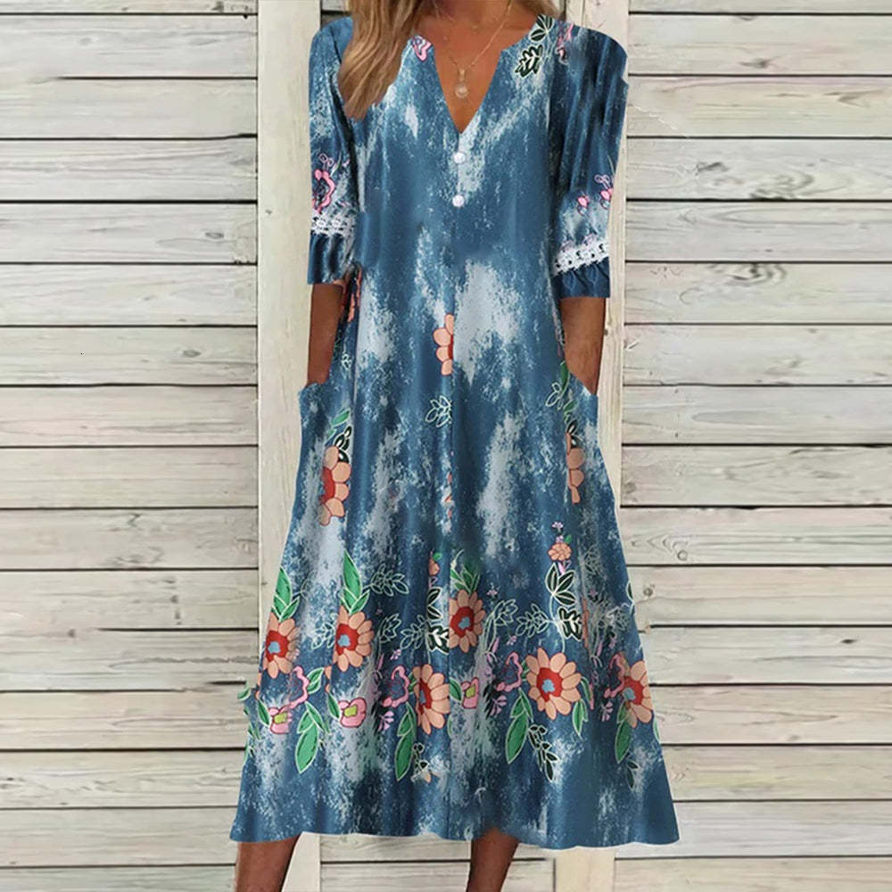 Casual Dresses Vintage Flower Print Women Dress Summer V Neck Pocket Short Sleeve Loose Beach Mini Dresses Casual Lady Maxi Dress Femme Vestido 230505