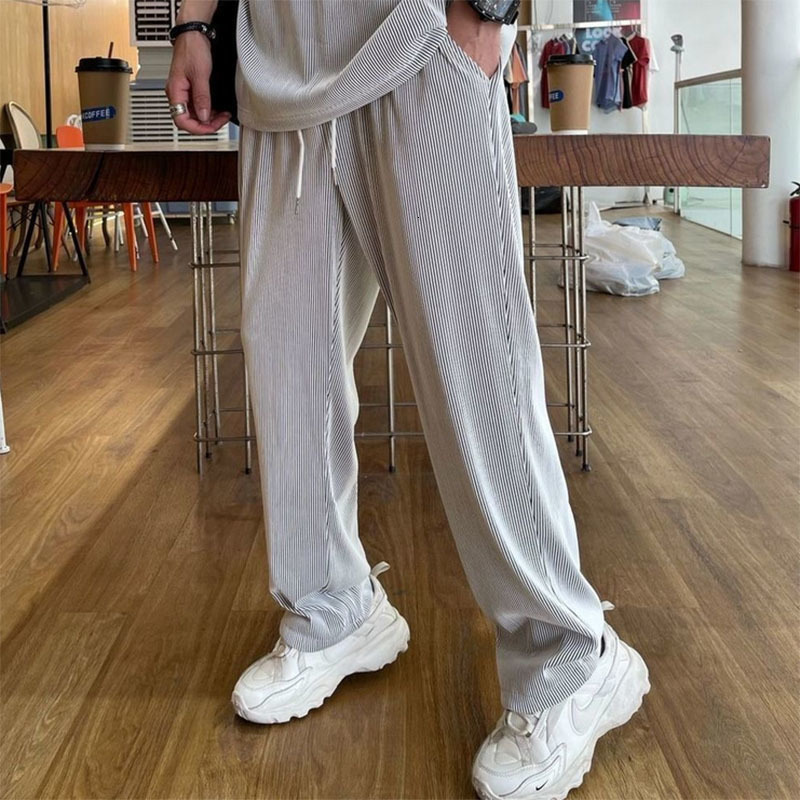 Men's Tracksuits Men's Elastic Silky Casual 2-Piece Set Straight Pleated Sports Pants Summer Thin Section Handsome Drape Suit Mens Clothing 