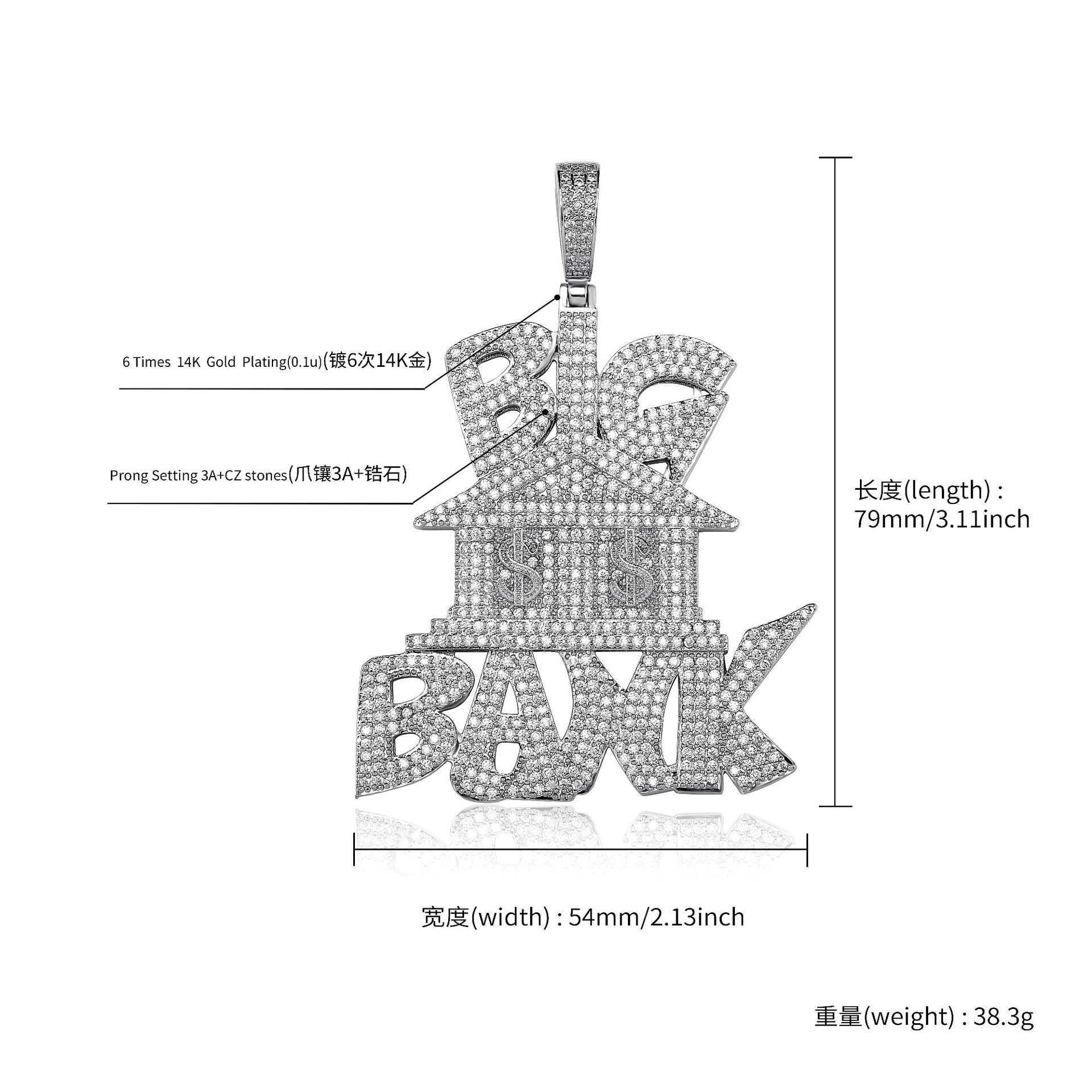 Hip Hop Full Zirconium Big Bank Money Pendant Necklace Dollar Sign Men's Rap Accessories 14k Gold Plated Iced Out Cubic Zirconia Cz Stone Jewelry