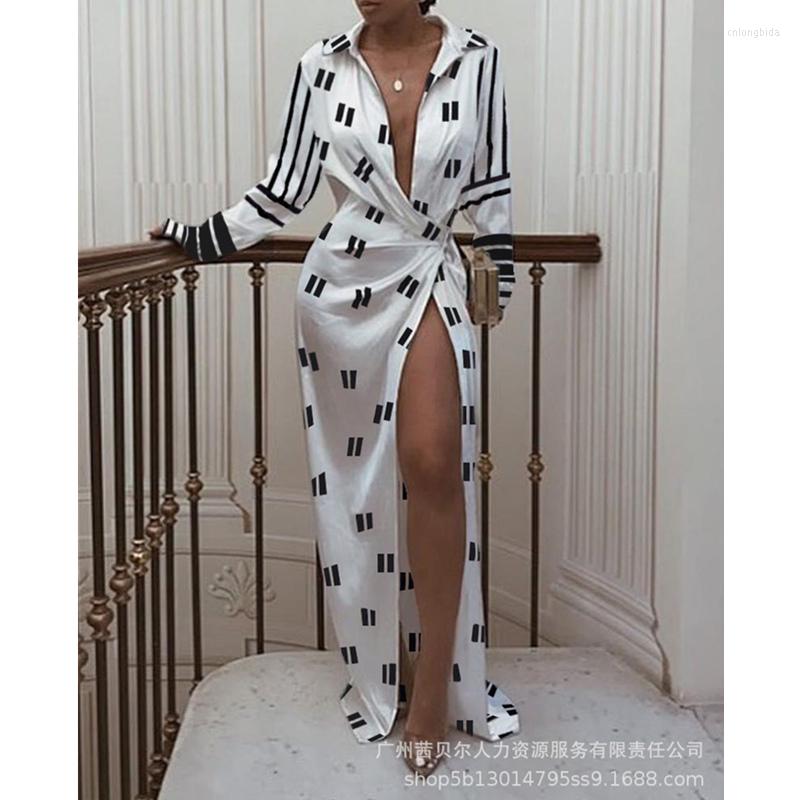 Casual Dresses Women Elegant Long Sleeve Turn Down Collar Folds Slit Floor Length Dress Print Colorblock Twisted Shirt