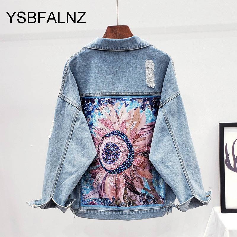 Women's Jackets Women's denim jacket Women's spring and autumn Bohemian sequins flower stickers embroidered jacket Long sleeved jacket 