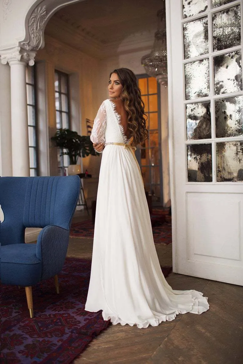 Gorgeous Wedding Dresses Bridl Gown Sclloped Neck Long Sleeves Chiffon A e Lce Beded Custom Mde Sweep Trin Plus Size Country Bech Vestido De