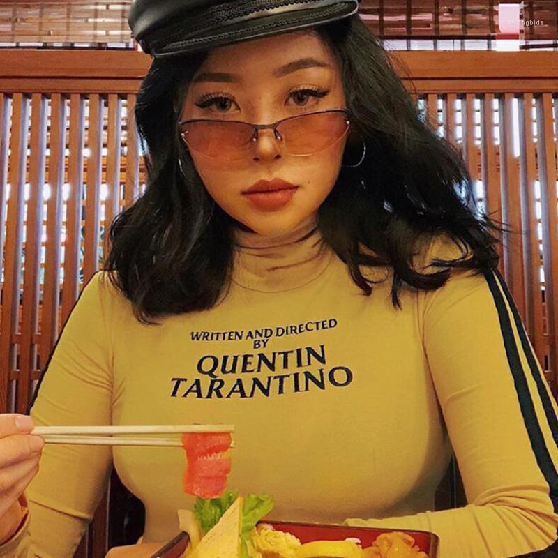 Womens T Shirts 2023 Fashion Quentin Tarantino Sexy Crop Tops Women Side Stripe Long Sleeve Turtleneck Cotton Knitted Short Tshirt Lady