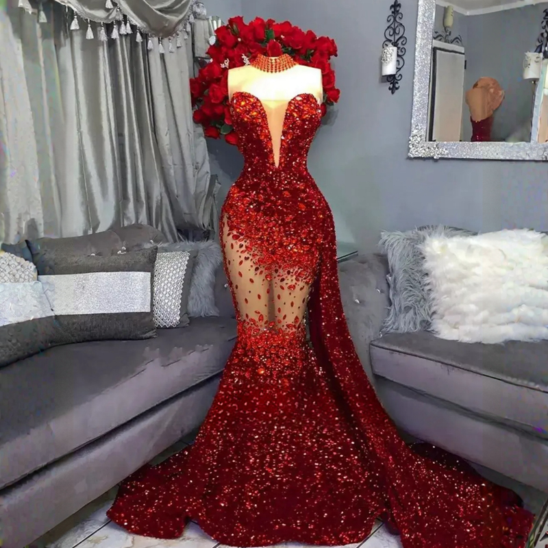 2023 Luxurious Prom Dresses Mermaid Sequins Crystals Evening Birthday Party Bridesmaid Dress Second Reception Special Occasion Gowns Dress AM022