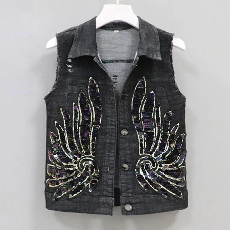 Women's Vests Korean Fashion Denim Vest Female Spring Summer Coats Sequined Sleeveless Short Jacket Women Jean Waistcoat Outerwear 230424