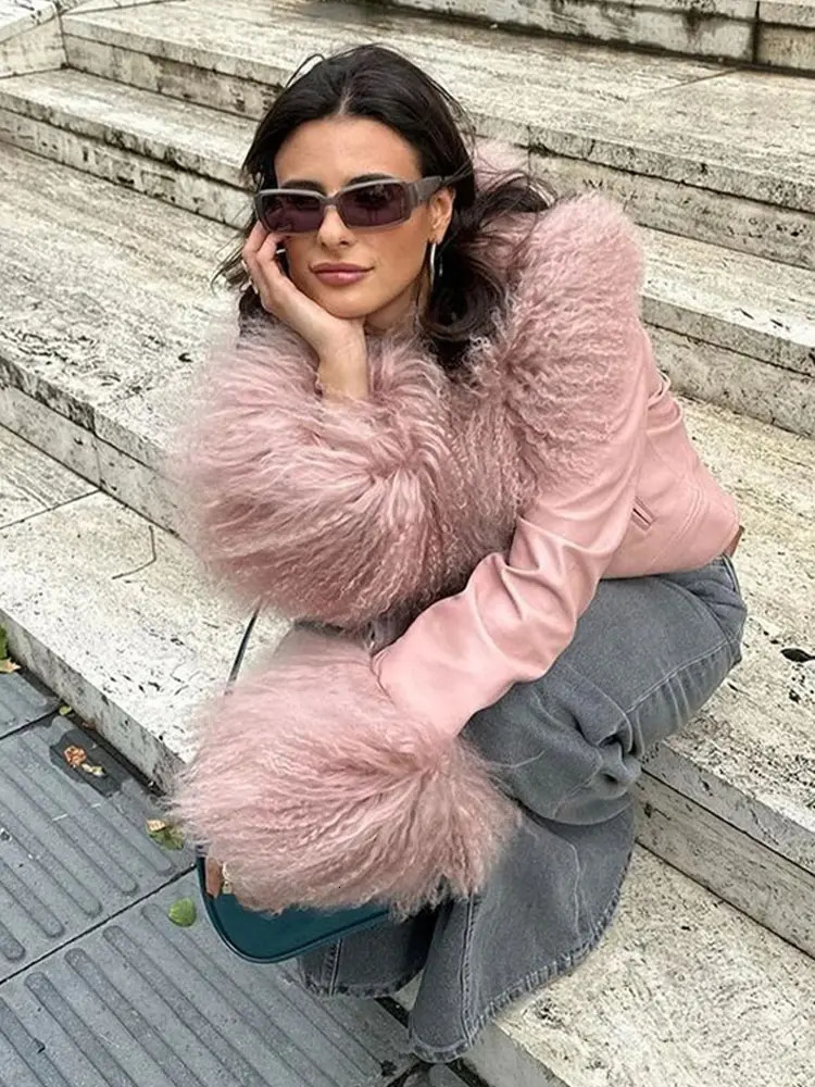 Women's Jackets Pink Short Leather Jacket For Women Raw Edge 2023 Autumn Winter Long Sleeve Singlebreasted Pockets Elegant Coat Streetwear Tops 2