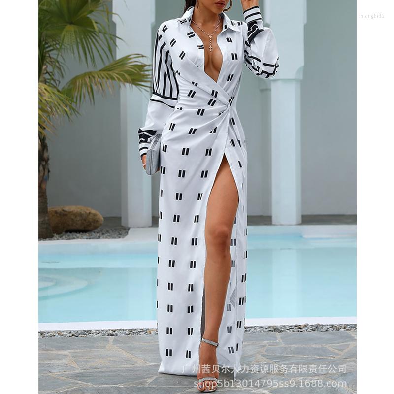 Casual Dresses Women Elegant Long Sleeve Turn Down Collar Folds Slit Floor Length Dress Print Colorblock Twisted Shirt