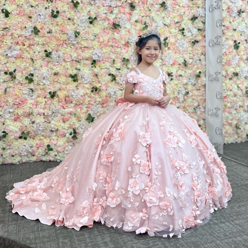 Pink Shiny V-Neck Flower Girls Dress Off Shoulder Princess Ball Gown Flower Tull First Communion Photoshoot