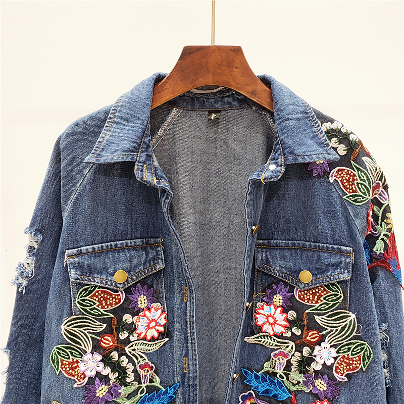 Women's Jackets Harajuku Heavy Duty Work Flower Embryo Hole denim Jacket Women's Street Clothing Autumn Medium Length Loose Casual Jeans Jac