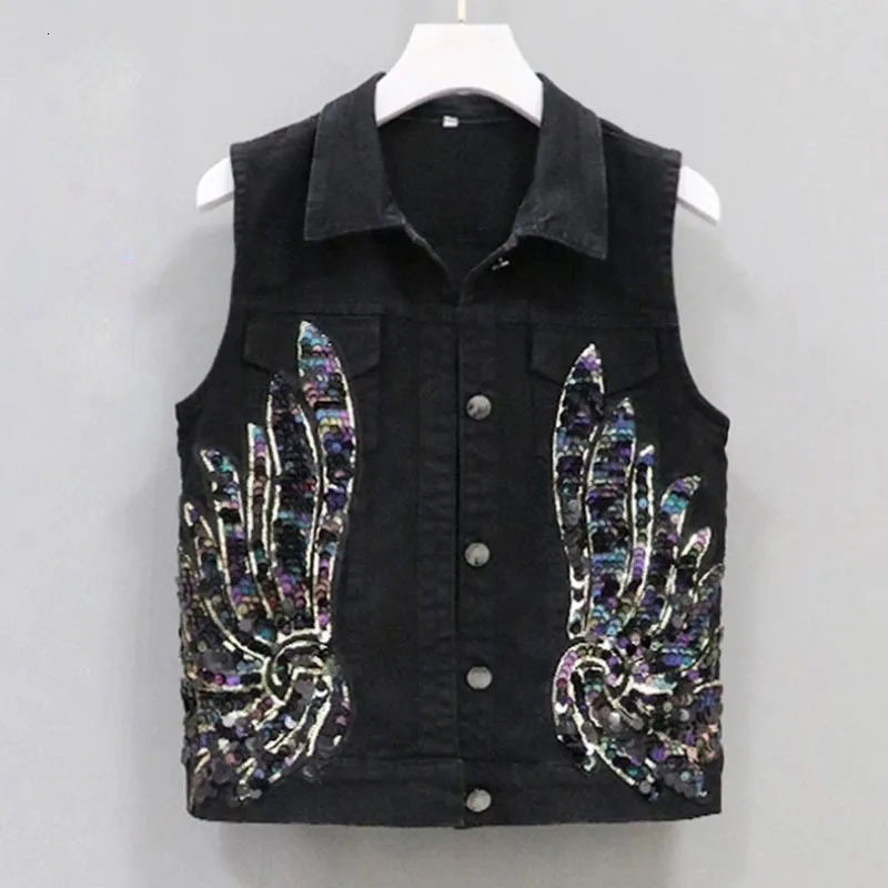 Women's Vests Korean Fashion Denim Vest Female Spring Summer Coats Sequined Sleeveless Short Jacket Women Jean Waistcoat Outerwear 230424