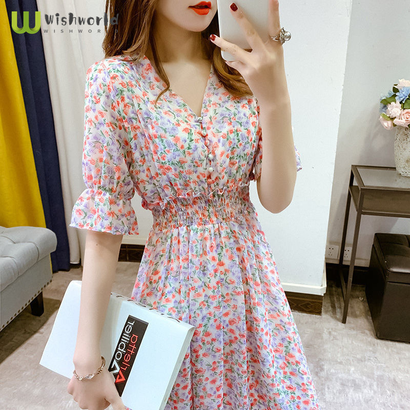 Casual Dresses Enlarge Korean Puff Sleeve Chiffon Party Dress Fashion Casual Flowers V-Neck Mini Dress Grace Fall Dresses For Women 230425