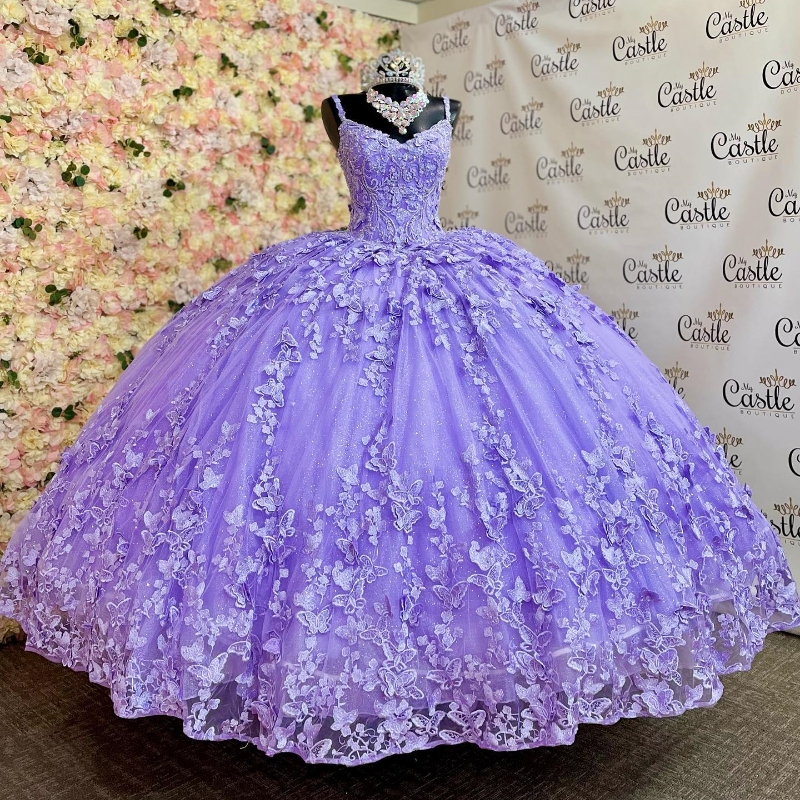 Lavender Shiny V-Neck Ball Gown Quinceanera Dresses Spaghetti Strap Appliques Lace Bow Beads With Cape Vestido De 15 Anos Sweet 16 Dress
