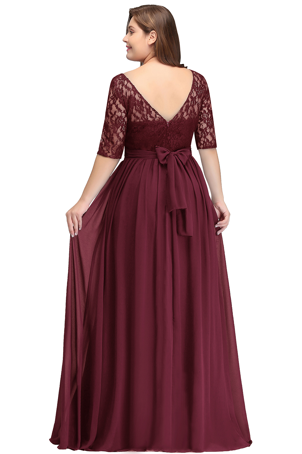 babynice666 Burgundy Bridesmaid Dress with 3/4 Aleeved Chiffon Dress with Lace Bodice Illusion Sleeve Fully Lined Zip up Back CPS522