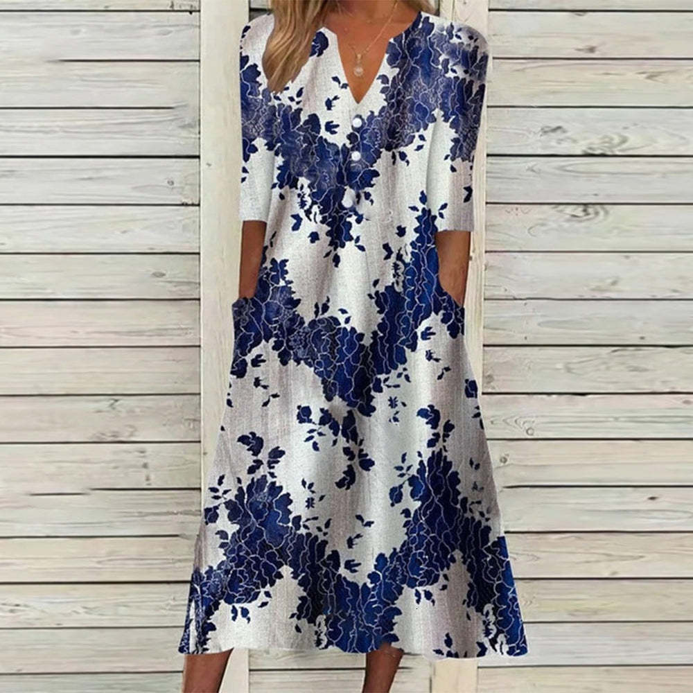 Casual Dresses Vintage Flower Print Women Dress Summer V Neck Pocket Short Sleeve Loose Beach Mini Dresses Casual Lady Maxi Dress Femme Vestido 230505