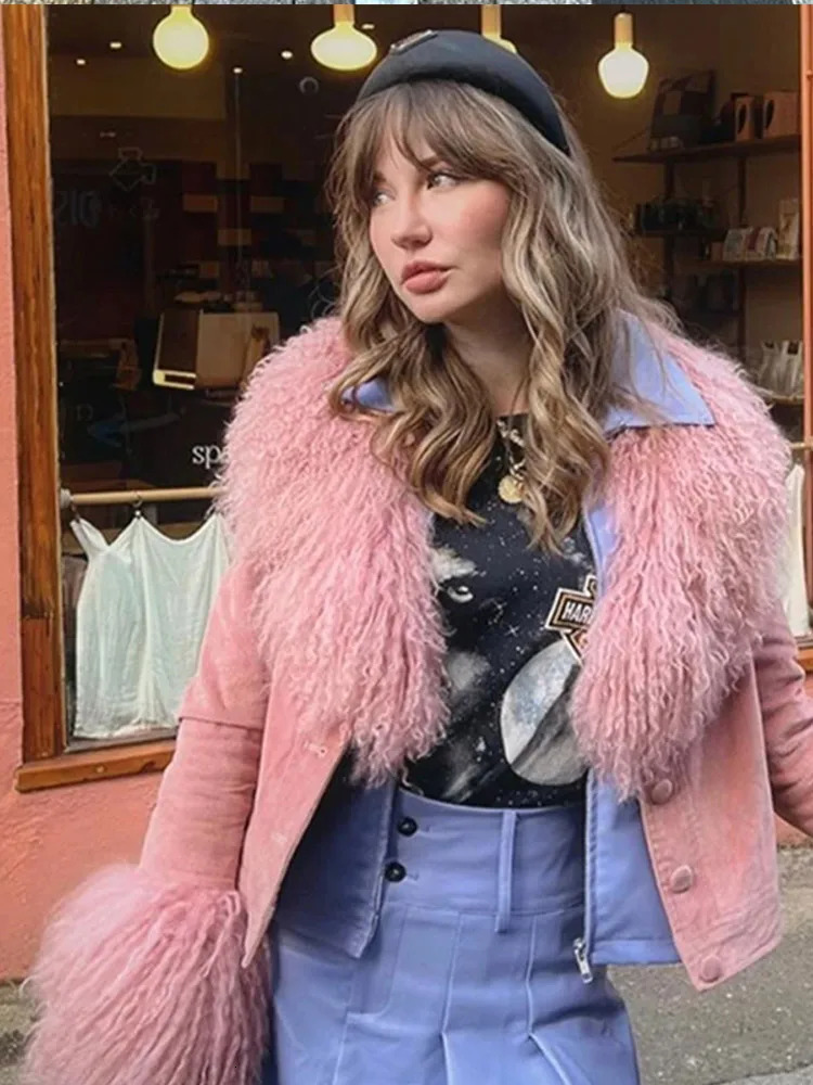 Women's Jackets Pink Short Leather Jacket For Women Raw Edge 2023 Autumn Winter Long Sleeve Singlebreasted Pockets Elegant Coat Streetwear Tops 2