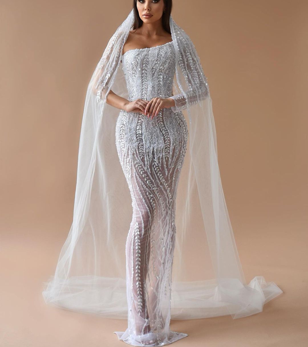 Elegant Mermaid Wedding Dresses One Long Sleeve Bateau Appliques Sequins 3D Lace Detachable Lace Train Beaded Floor Length Bridal Gowns Custom Made ab