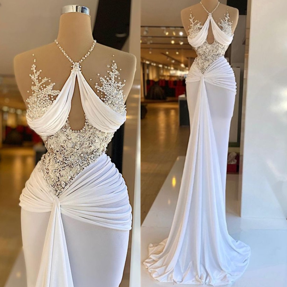 Ivory Pearls Saudi Arabic Dubai Bridal Modern Dresses Sexy Sleeveless Beadings Wedding Gowns Floor Length