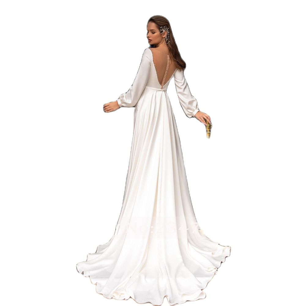 Satin Ful Wedding Dresses Sheer Neck Puffy Long Sleeve Bead Bridal Gown Detachable Train Robe De Mariee