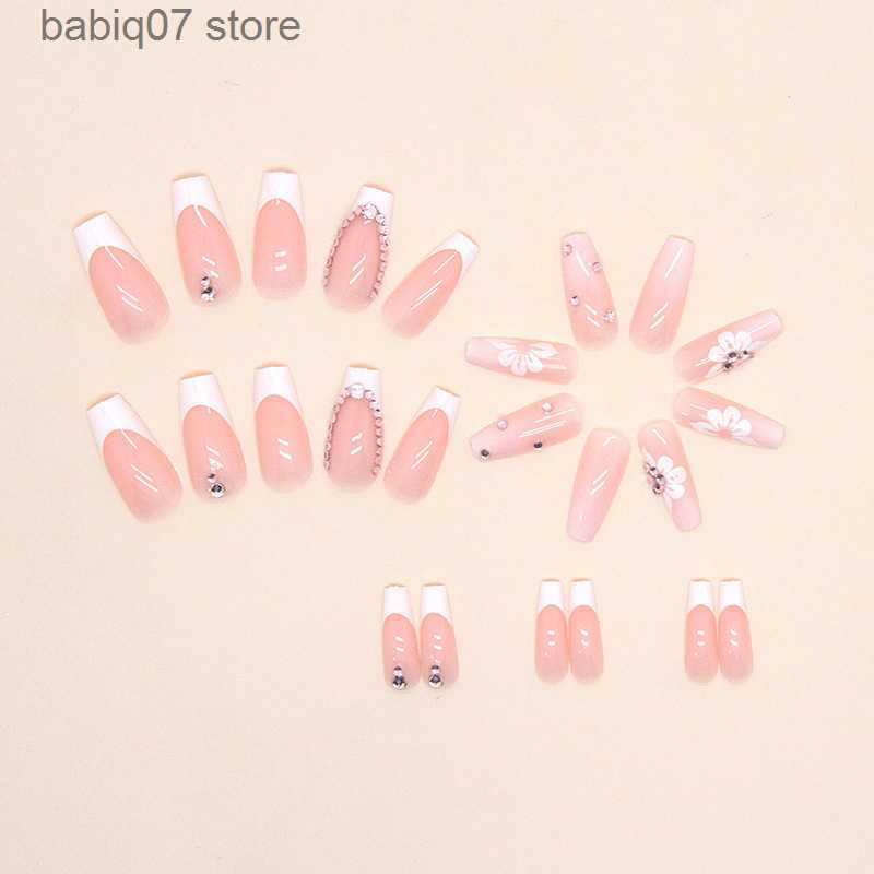 False Nails Mid length explosive glitter pink diamond sweet flowers wearing armor simple French pure desire white girl fake nails Nails T230425