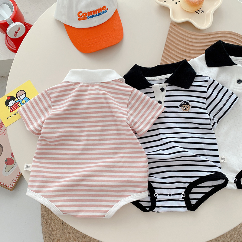 Rompers Summer born Baby Boy Clothes Short Sleeve Turn Down Collar Striped Romper Jumpsuit Outfits One-Pieces Suit 0-24M 230425