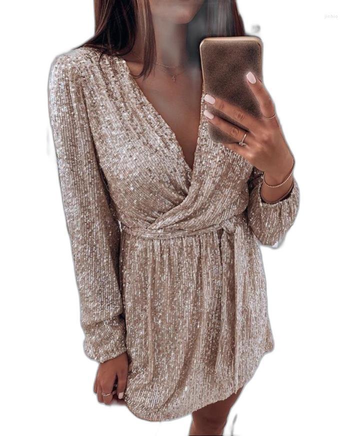 Casual Dresses Evening Dress Sequin V-Neck Long Sleeve Wrap Sexy Party Mini Elegant For Women