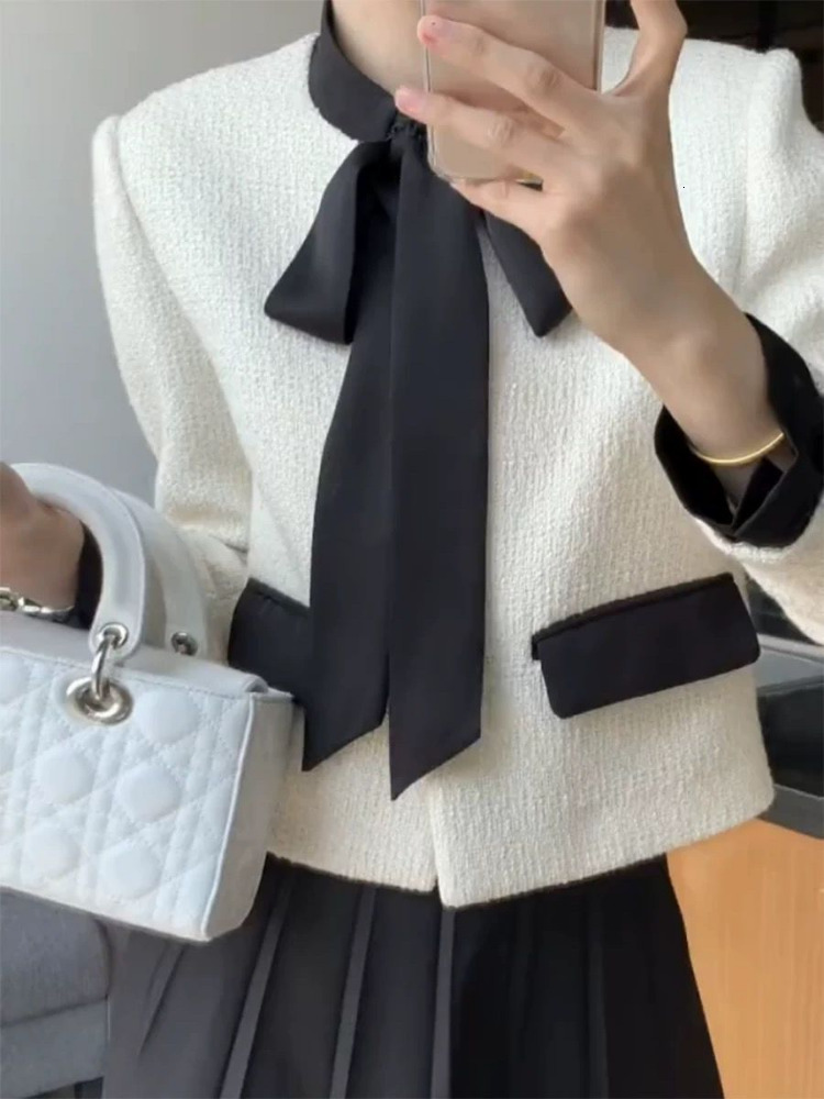 Women's Jackets Y2k Elegant Loose Women's Crop Coat Autumn O-Neck Cute Bow Patch Work Women's Contrast Color Matching Sweet tweed Jacke