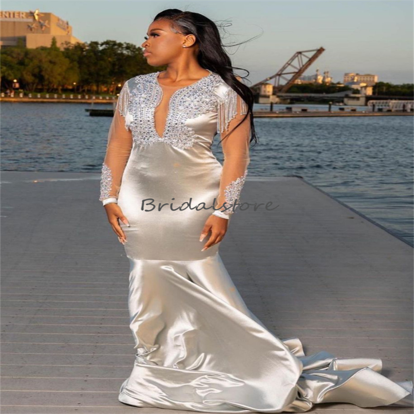 Aso Ebi Silver Prom Dress Long Sleeve New In 2023 Beaded Tassel Mermaid Evening Gowns Elegant Pageant Birthday Occasion Formal Black Girls Formal Part
