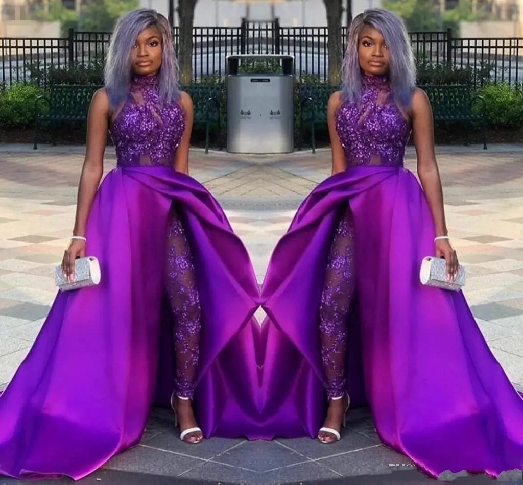 Purple Jumpsuits Prom Dresses With Detachable Train High Neck Lace Appliqued Bead Evening African Party Gowns Plus Size Lz0304
