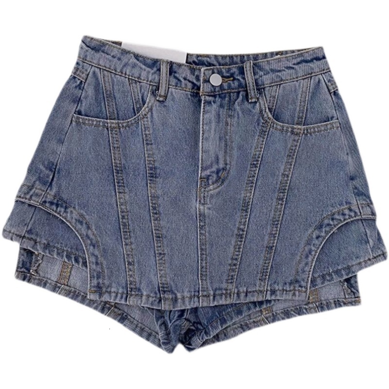 Women's Shorts Summer Women's Blue Black Shorts Fashion High Waist Spliced Solid Color Irregular A-line Wide Leg Denim Shorts Female 230425