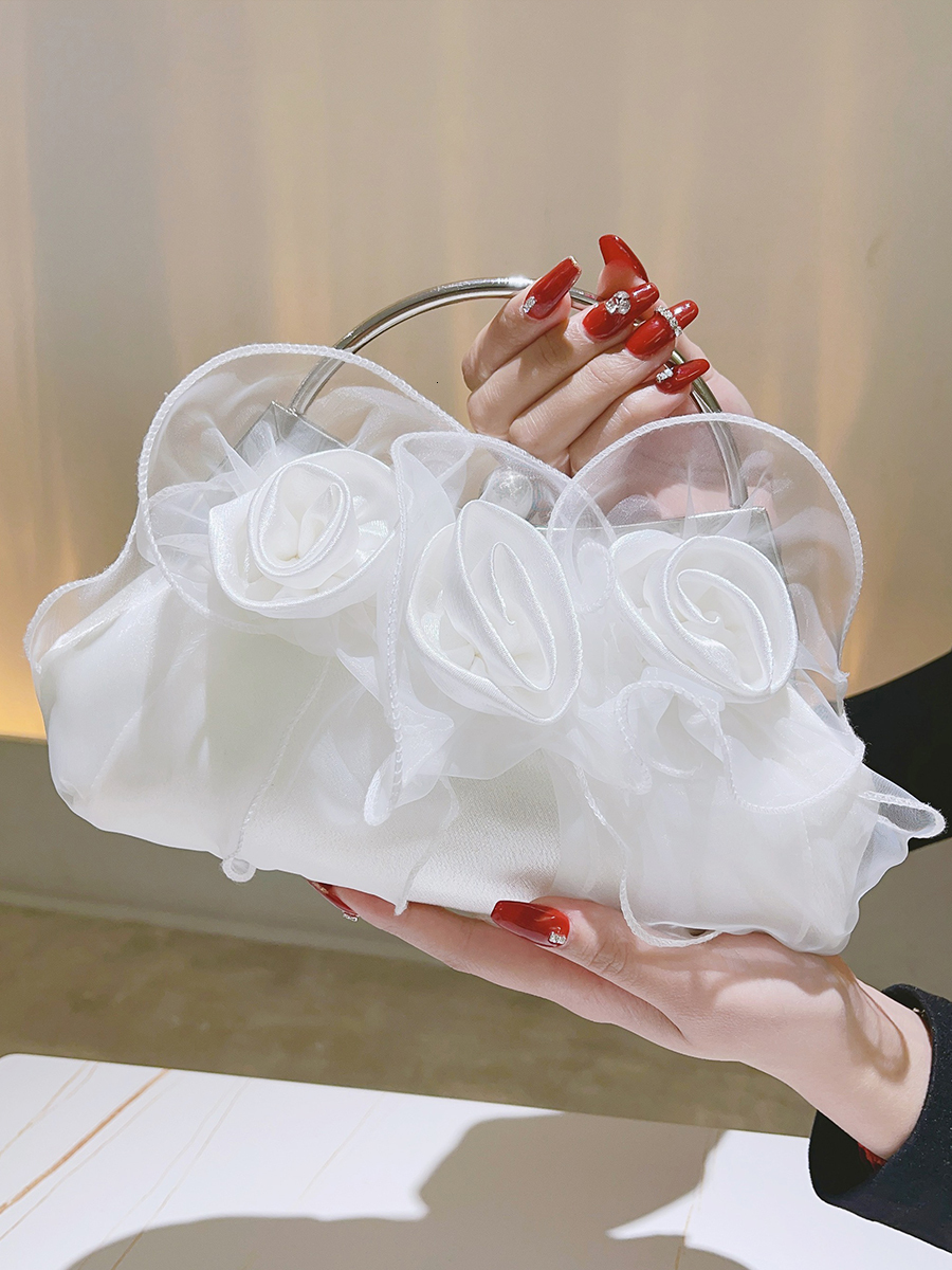 Evening Bags Flower Petal Clutch Bridal Handbag Evening Bag Satin Rose Elegant Purse For Bridesmaid Wedding Party Formal White Handle Bag 230425