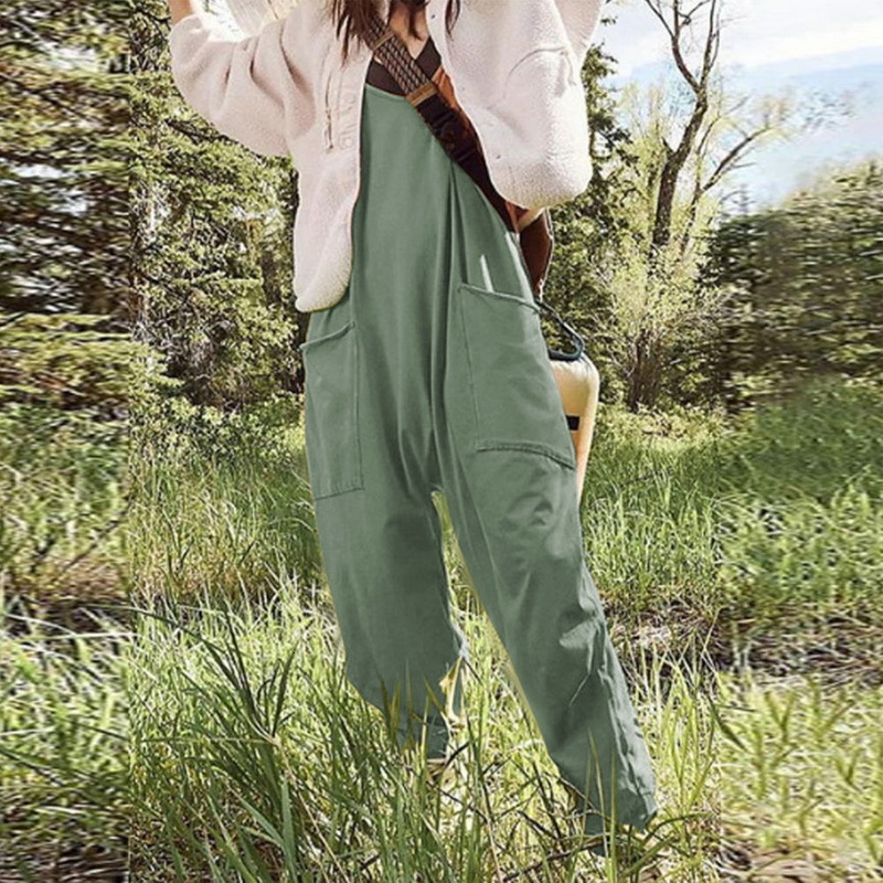 Women's Jumpsuits Rompers sleeveless jumpsuit Summer Vintage Solid Large Pocket Loose Wide Leg casual all-in-one clothing 230425