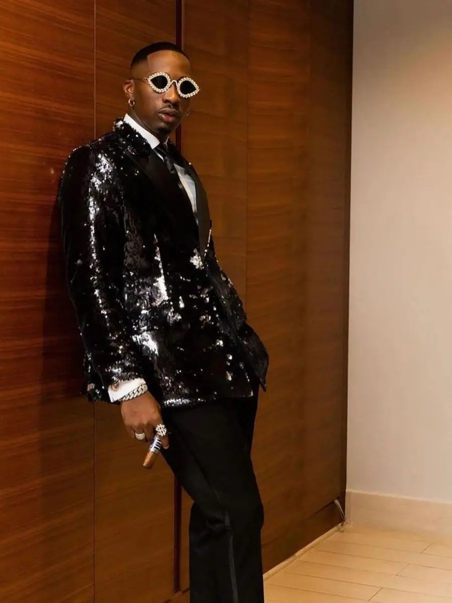Sequined Men Suits Slim Fit 2 Pieces Double Breasted Wedding Groom Wear Tuxedos Costume Mariage Jacket Black Pants