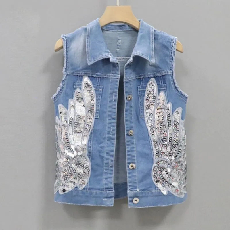 Women's Vests Korean Fashion Denim Vest Female Spring Summer Coats Sequined Sleeveless Short Jacket Women Jean Waistcoat Outerwear 230424