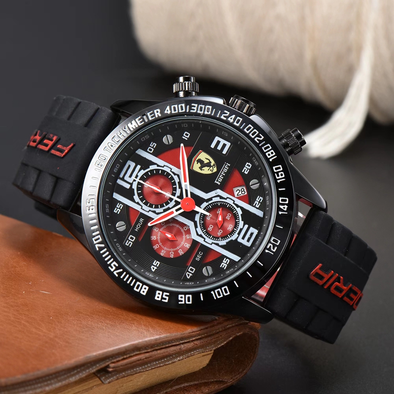 WristWatches for Men 2023 New Mens Watches Six stitches All dial work Quartz Watch Ferrar Top Luxury Brand Chronograph clock Rubber Belt fashion F1 racing car Type