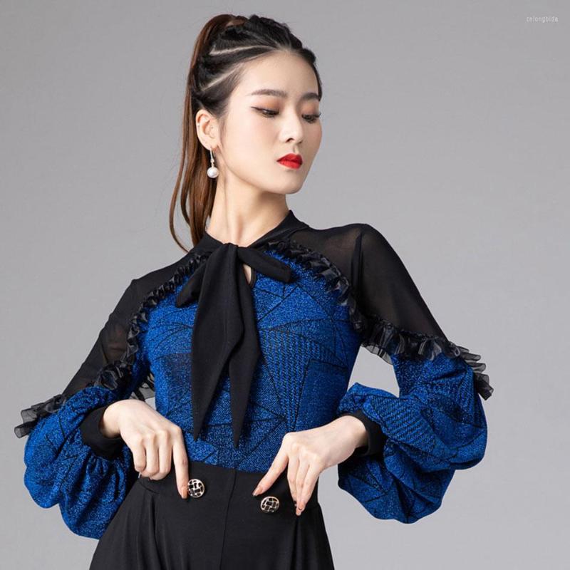 Stage Wear 2023 Spring Latin Dance Bodysuit For Women Mesh Patchwork Tops Female Bowknot Ballroom Samba Rumba Tango Practice Clothes 6042