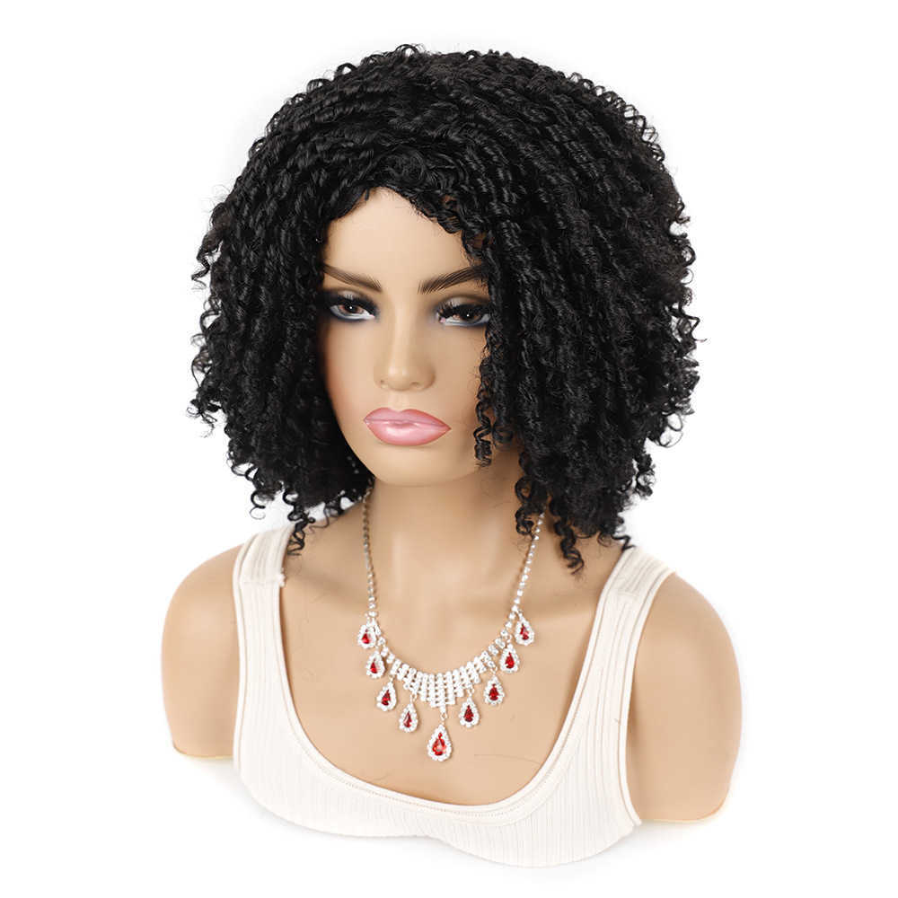 Women's dirty braided wig head cover black barrel curly small curly wig fluffy curly short hair cover