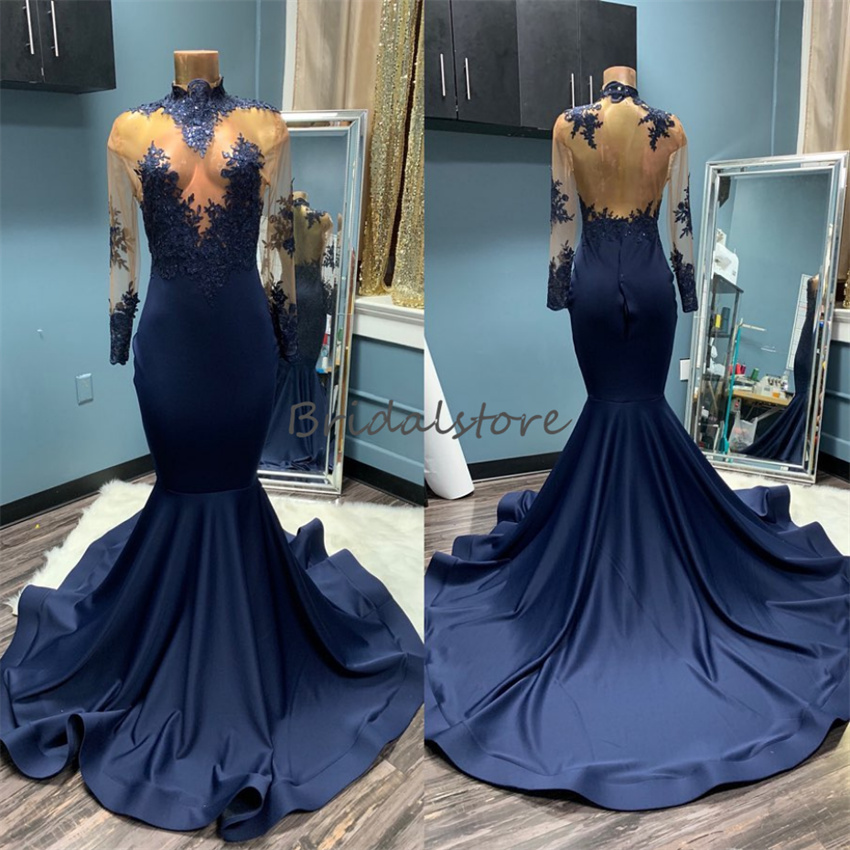 Real Photos Navy Blue Prom Dress With Lace Elegant Long Sleeve High Collar Mermaid Evening Formal Dresses 2023 Satin Open Back Black Girls Vestidos De