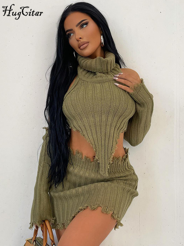 Two Piece Dress Hugcitar Ribbed Turtleneck Backless Irregular With Gloves Crop Sweater Top Skirt 2 Pcs Set Autumn Women Vacation Rave Party 230425