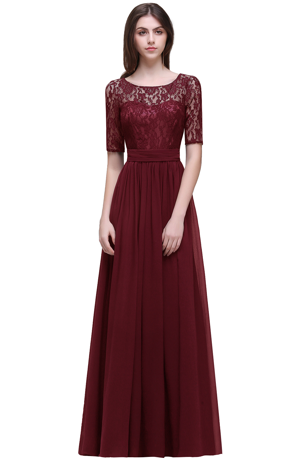 babynice666 Burgundy Bridesmaid Dress with 3/4 Aleeved Chiffon Dress with Lace Bodice Illusion Sleeve Fully Lined Zip up Back CPS522