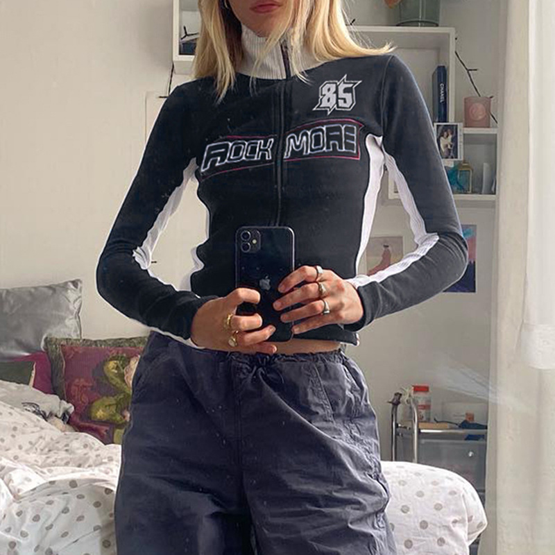 Women's Jackets Fashion Letter Printing Motorcycle Style Coat Long Sleeve Zipper Splice Work Y2K Jacket Women's Contrast Color Crop Street C