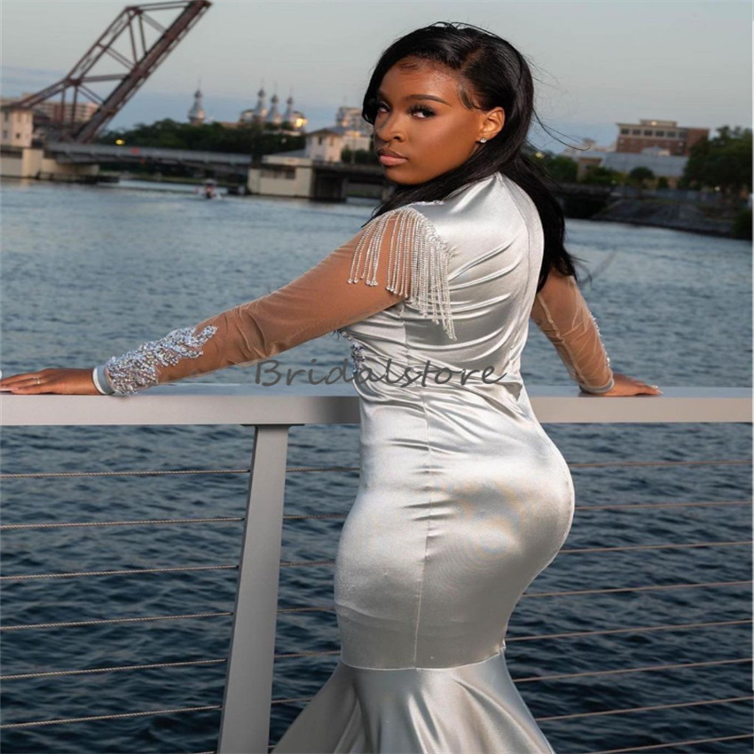 Aso Ebi Silver Prom Dress Long Sleeve New In 2023 Beaded Tassel Mermaid Evening Gowns Elegant Pageant Birthday Occasion Formal Black Girls Formal Part