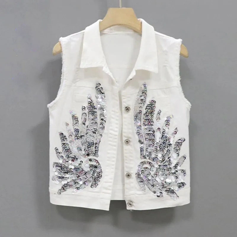 Women's Vests Korean Fashion Denim Vest Female Spring Summer Coats Sequined Sleeveless Short Jacket Women Jean Waistcoat Outerwear 230424
